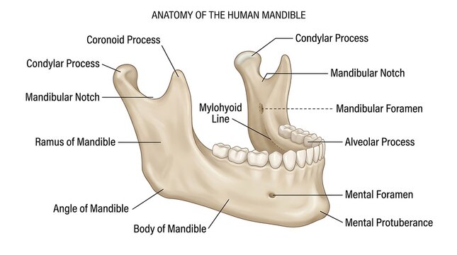 Anatomy of the human mandible showing bone structure and landmarks with jaw bone