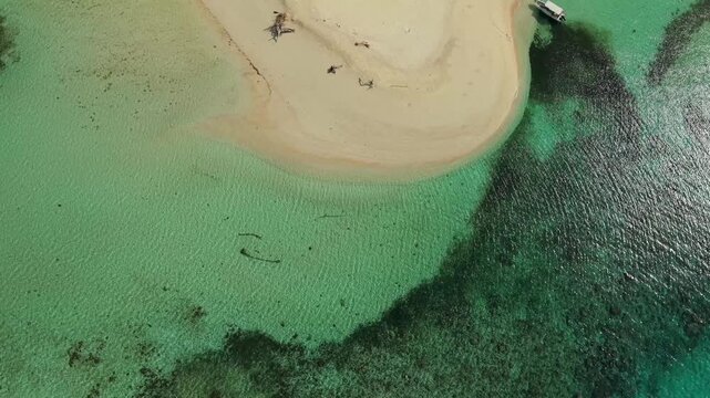 Aerial drone footage of Inaladelan Island in Port Barton, San Vicente, Palawan, Philippines, showcasing its white sand beach, crystal-clear turquoise waters and lush tropical landscape.
