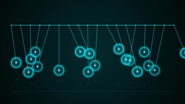 Glowing blue pendulums on a newtons cradle create a seamless looping background and overlay with a technology feel.