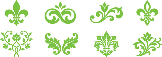 Decorative green vector collection of ornate fleur de lis and damask for elegant design elements. © Ramzan