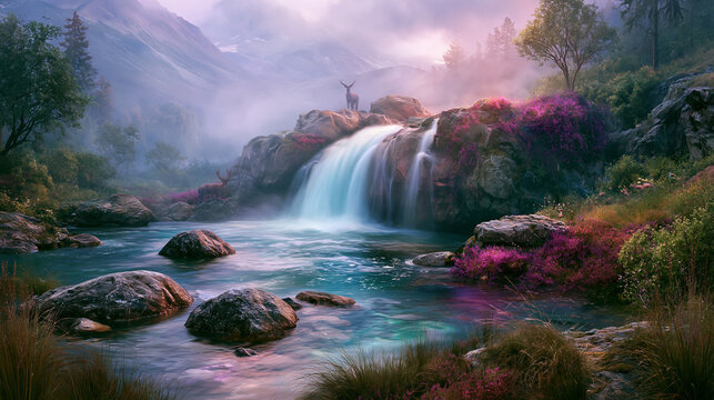 Forest Waterfall Flowing Into Turquoise Natural Pool