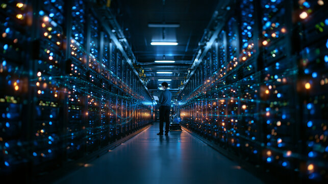 IT Technician Working in Modern Server Room Data Center