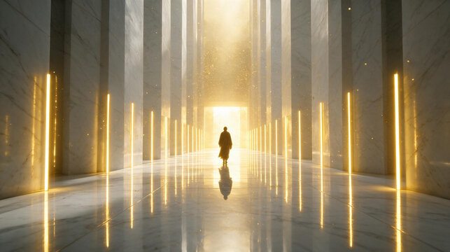 Futuristic Grand Hall with Illuminated Columns and Walking Silhouette