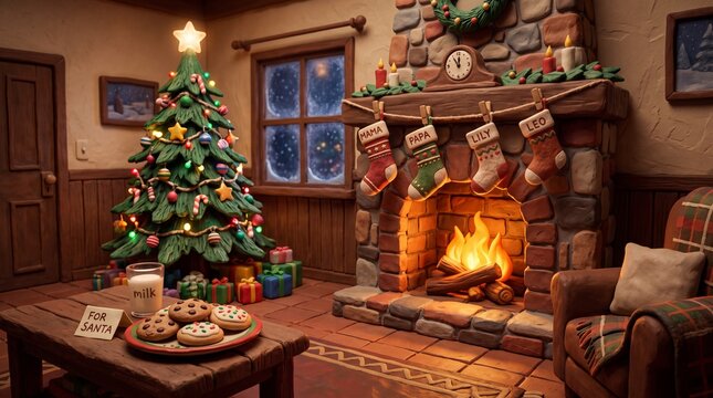 Cozy Christmas Eve Room with Fireplace and Tree