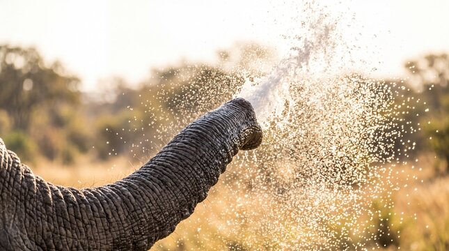 Elephant Spraying Water from Trunk in Savanna