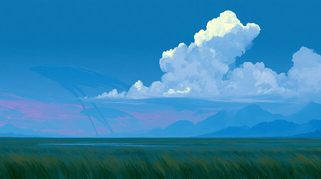 Towering White Clouds Above Green Field and Mountains