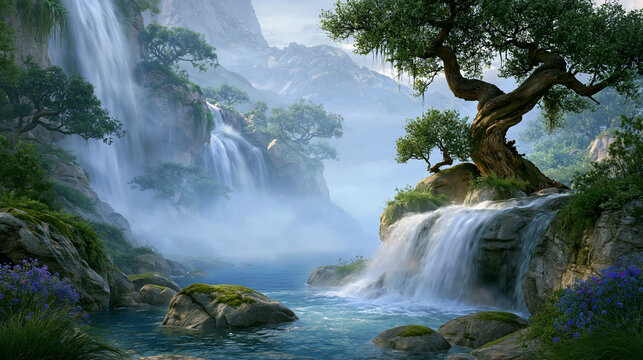 Forest Waterfall Flowing Into Turquoise Natural Pool