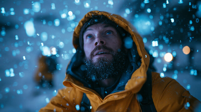 Bearded Man Looking Up at Glowing Digital Data Stream