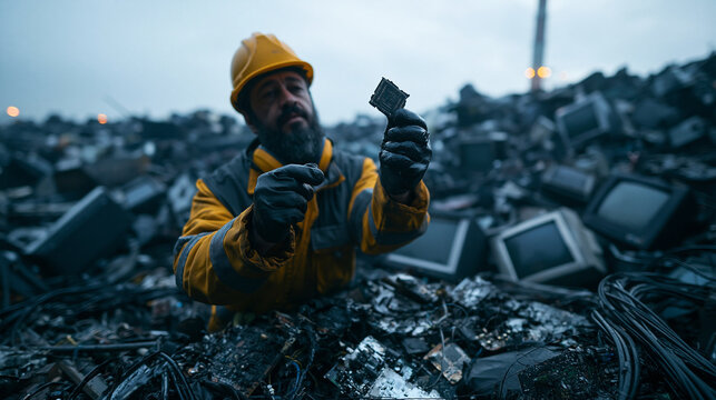 Worker Inspecting Circuit Board at Electronic Waste Dump