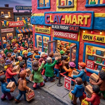 Clay Animation Crowd Rushing Store for Black Friday Sale