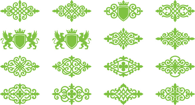 Green heraldic shields lions and ornate flourishes for vintage emblem design.