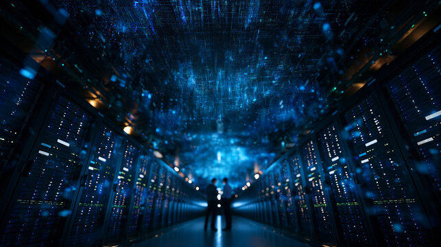 Data Center Server Room with Cloud Computing Visualization