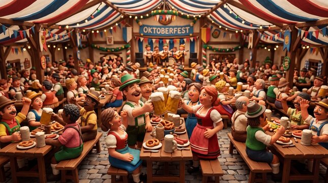 Miniature Clay Figures Celebrating Oktoberfest in Beer Tent