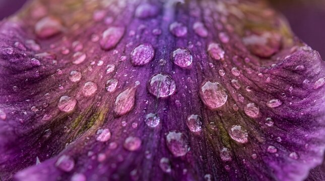 Water Drops on Purple Flower Petal Macro