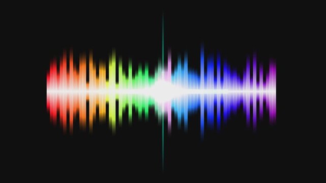 Audio waveform equalizer stock video footage. Colorful sound wave spectrum glowing on dark background. Digital music visualization loop. Continuous seamless audio signal display