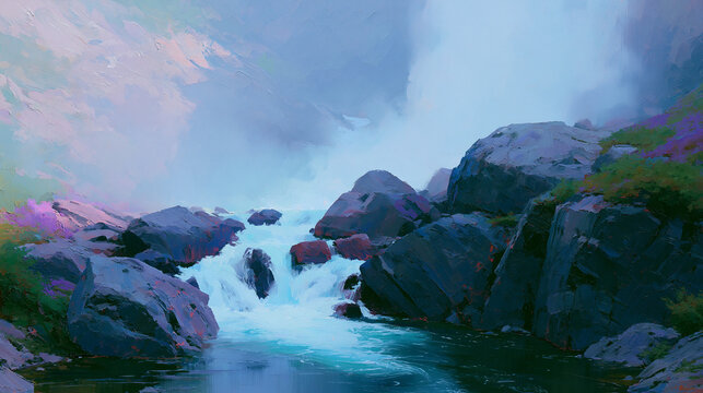 Misty Mountain Stream Flowing Through Rocky Landscape