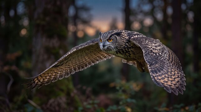 Eurasian Eagle Owl Flying Through Forest at Dusk