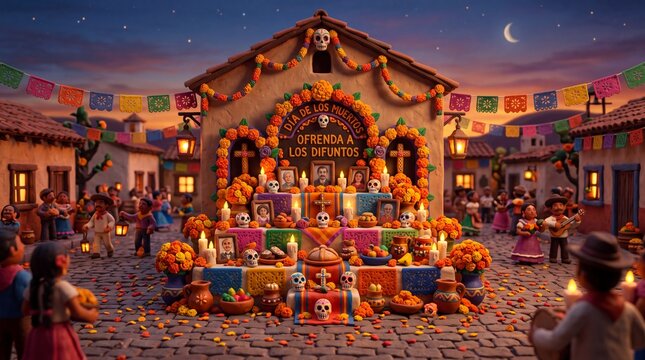 Day of the Dead Altar in Traditional Mexican Village