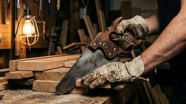 Vintage handsaw cutting timber in rustic workshop, carpenter using old hand tools on wooden planks, traditional woodworking craftsmanship