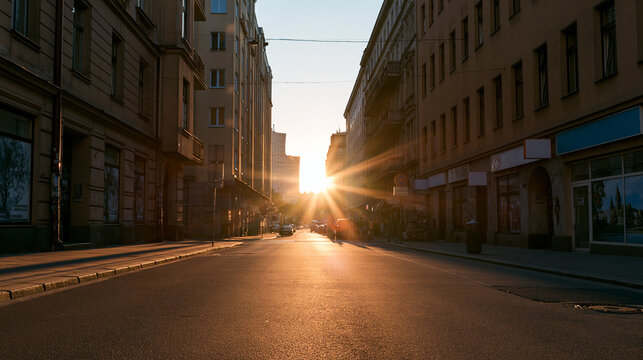Sunrise Between Urban Buildings on Empty City Street