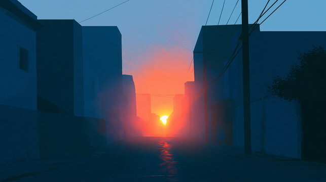Sunrise Between Urban Buildings on Empty City Street