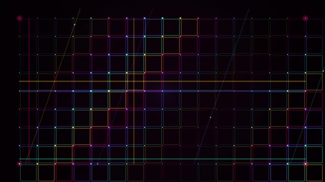 Glowing grid lines intersect diagonally across a dark tech background with subtle rainbow highlights.