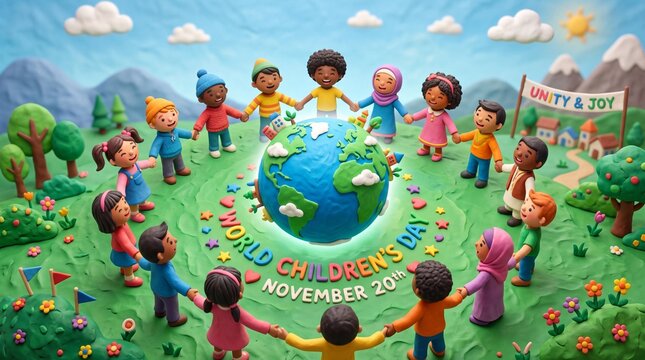 Clay Diverse Children Holding Hands Around Globe for Children's Day