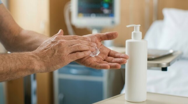 Hands applying hand sanitizer in hospital room, with medical equipment and bed in background, emphasizing hygiene and care.
