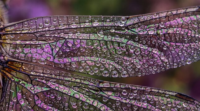 Dew Drops on Iridescent Dragonfly Wings Close Up