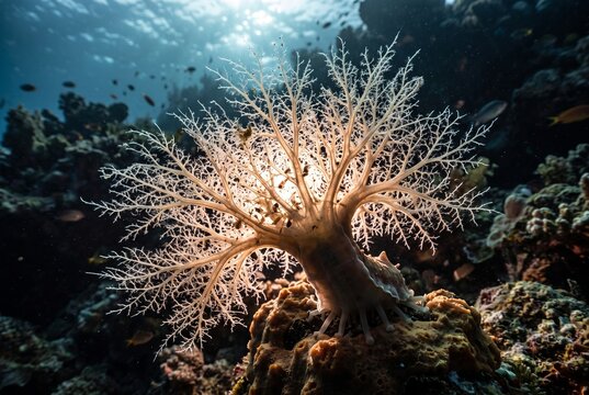 Macro view of a filter feeding sea cucumber extending dendritic tentacles on a coral reef