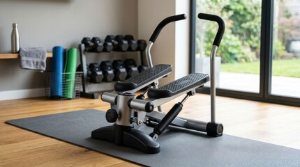 Obraz premium Home Gym Equipment Abdominal Crunch Machine with Dumbbells and Yoga Mats.
