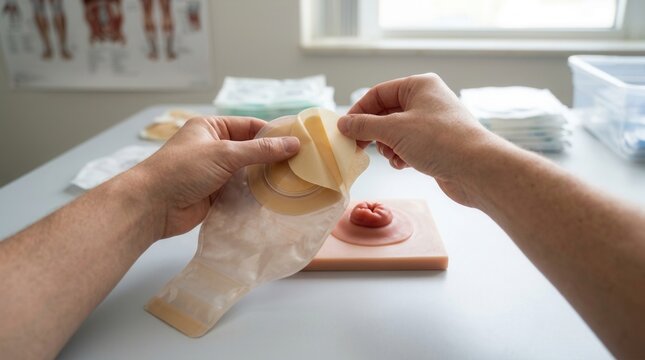 Hands demonstrate ostomy bag application on medical model, medical supplies in background