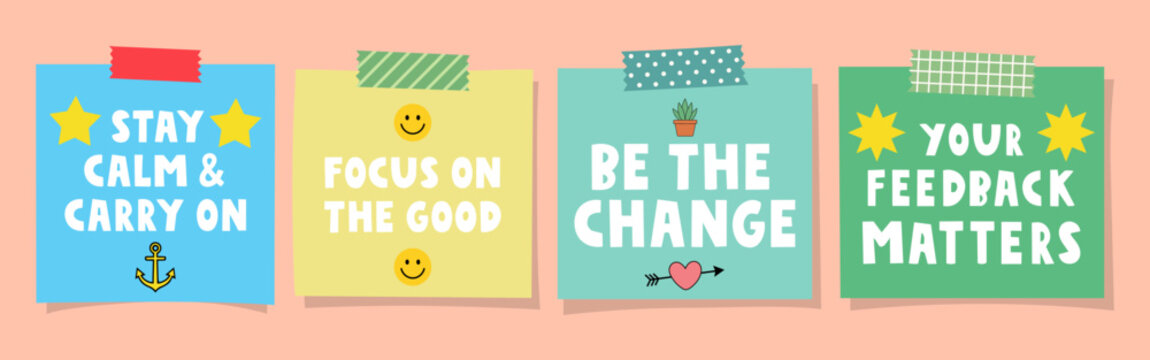 Four colorful sticky notes with motivational quotes and decorative icons arranged on a light orange background surface