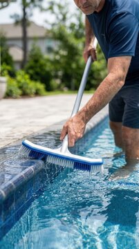 Man cleaning the edge of a swimming pool with a brush.