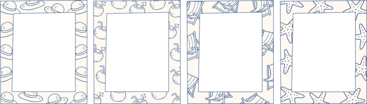 Set of four vertical rectangular frames with repeating hand drawn summer patterns on a light beige background with collection