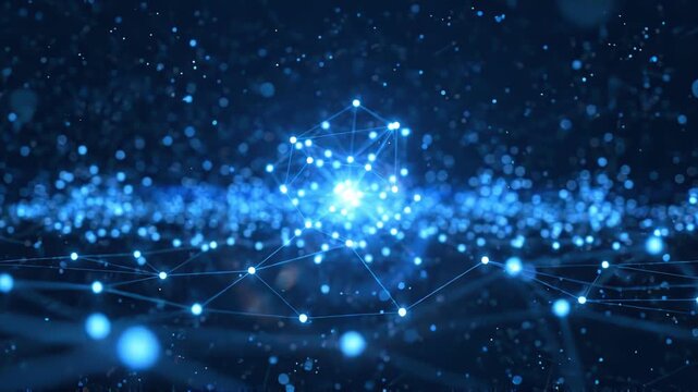 Abstract blue plexus network with glowing nodes and connecting lines in digital cyberspace
