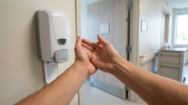 Hand sanitizer dispenser in a hospital hallway, close-up of hands receiving antiseptic gel for hygiene and infection control.