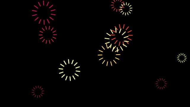 firework circle burst cartoon animation with white line, flat, vector explosions motion effects, and glowing geometric spark blast on transparent black background in 4k loop video