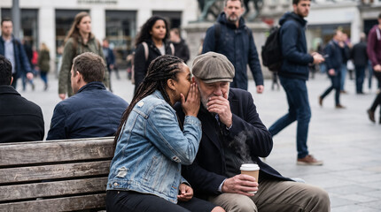 Fototapeta premium Young woman whispering secret to senior man sitting on city bench outdoors. Concept of gossip, sharing secret, listening, conversation, city square, rumor.