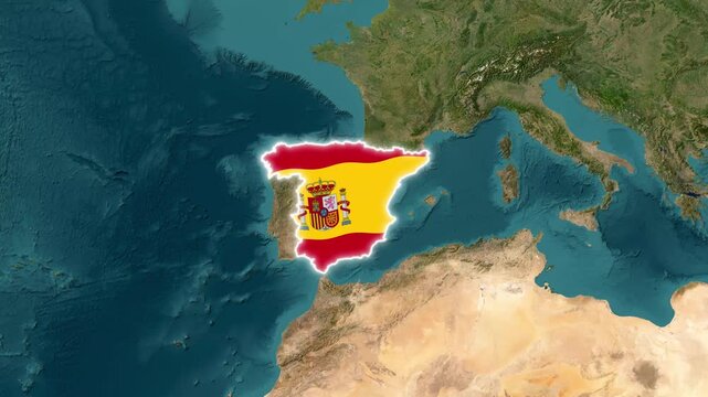 Spain map glowing with national flag colors emerges from satellite earth topography view in this high resolution motion video clip