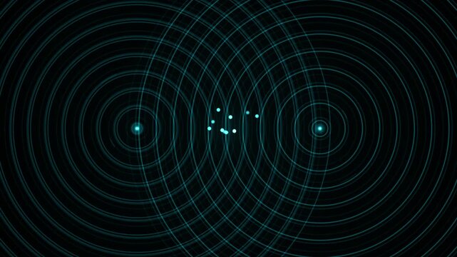 Two bright light sources emit concentric wave rings that overlap to create an interference pattern against a dark background.