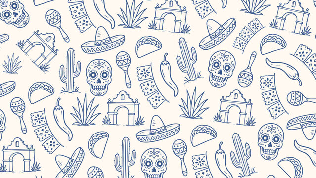 Seamless pattern with hand drawn Mexican culture icons including skulls and sombreros on a light background with illustration