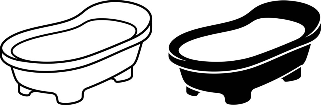 Minimalist bathtub vector icons, black and white bathroom tub silhouettes, modern spa and hygiene equipment graphics