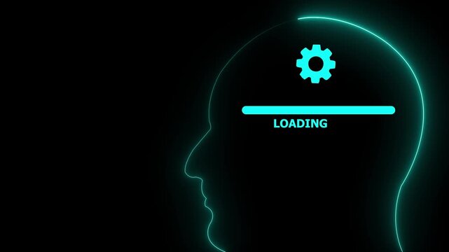 Neon human head silhouette with loading bar and gear with arrows icon on Black background abstract brain icon Animation. 4k motion video.