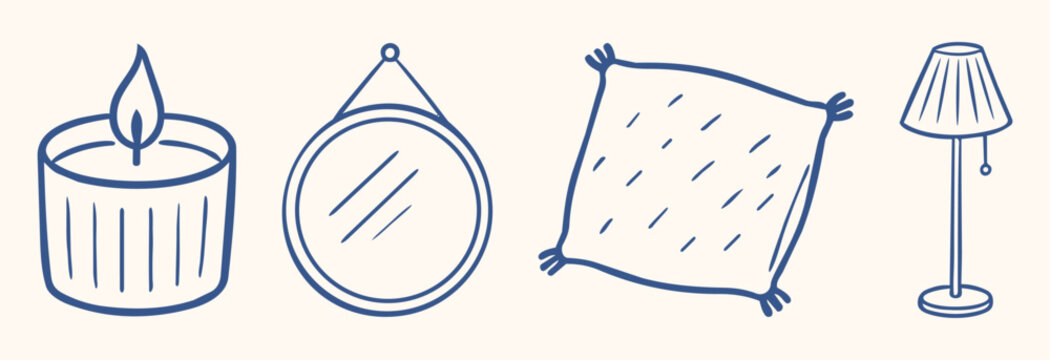 Set of hand drawn home decor icons with art illustrations featuring square cushion standing collection simple line drawing