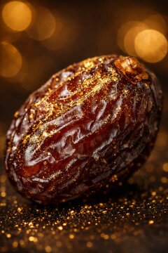Close up sweet date fruit with gold glitter and bokeh for luxury food background and gourmet packaging design