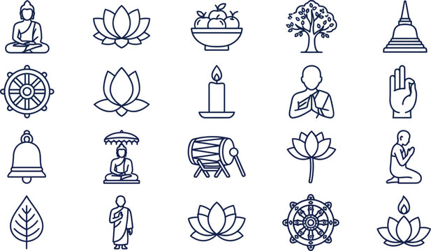 Buddhism and meditation thin line icon set featuring buddha statues lotus flowers dharma wheels monks temple pagoda candle and spiritual ritual vector illustrations