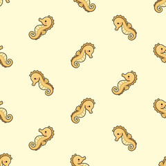 Cute cartoon seahorses swimming in seamless pattern on beige background © Anang