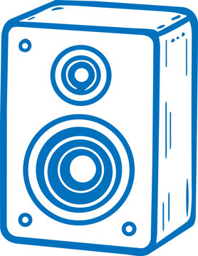 A blue and white line art illustration of a rectangular audio speaker for home sound systems with entertainment, electronics