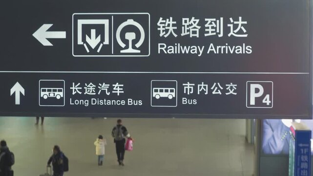 Railway arrivals and bus direction sign in Chinese transit station in China